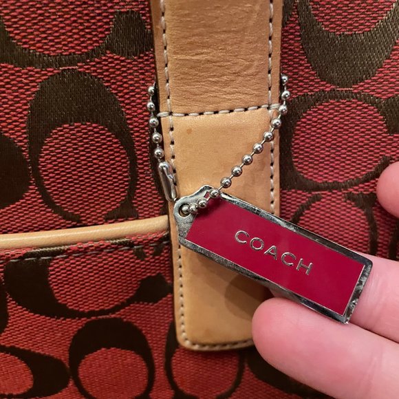 Coach Signature Zip Top Tote Red Canvas Tan Leather Trim Handbag - Picture 2 of 9